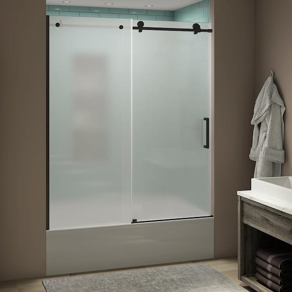 Coraline xL 56 - 60 in. x 70 in. Frameless Sliding Tub Door with Ultra-Bright Frosted Glass in Oil Rubbed Bronze