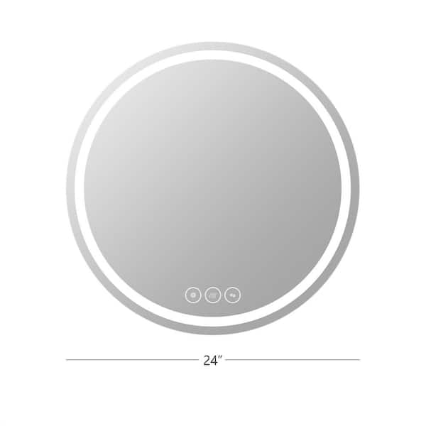 GETLEDEL 24 in. W x 24 in. H Round Frameless LED Lighted Anti-Fog Wall Mounted Bathroom Vanity Mirror in Silver