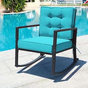 Black Wicker Outdoor Rocking Chair Glider Rattan Rocker Recliner with Turquoise Cushion (2-Pack)