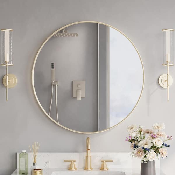 Eoviamne 28 in. W x 28 in. H Round Aluminum Framed Wall-Mounted Bathroom Vanity Mirror in Brushed Gold Circle Mirror for Restroom