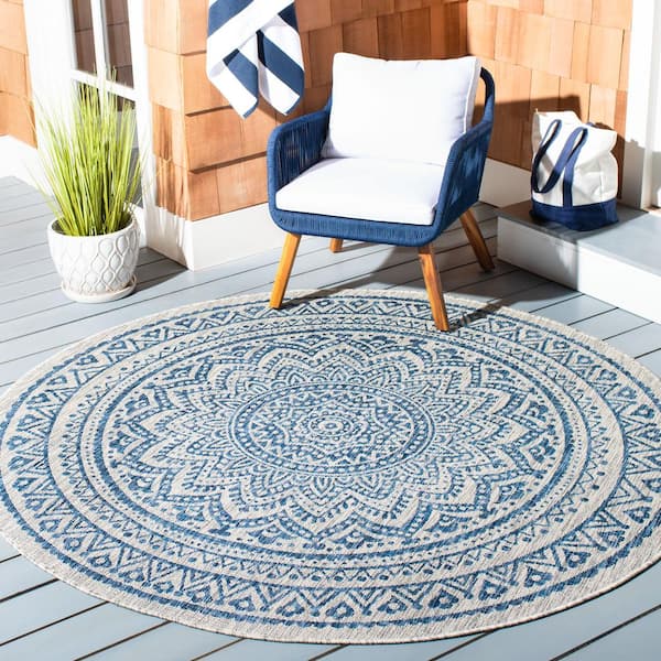 Courtyard Light Gray/Blue Doormat 3 ft. x 3 ft. Round Medallion Indoor/Outdoor Area Rug