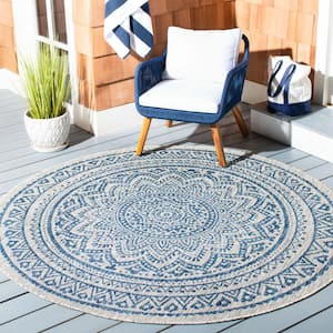 Courtyard Light Gray/Blue 9 ft. x 9 ft. Round Medallion Indoor/Outdoor Area Rug