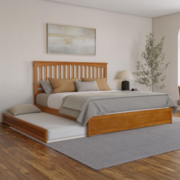 AFI Everett Light Toffee Natural Bronze Solid Wood Frame King Platform Bed with Panel Footboard Twin XL Trundle