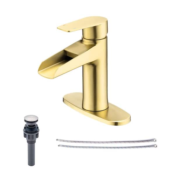 Single-Handle Spout Single-Hole Bathroom Faucet with Deckplate and Drain Kit Included Waterfall in Gold