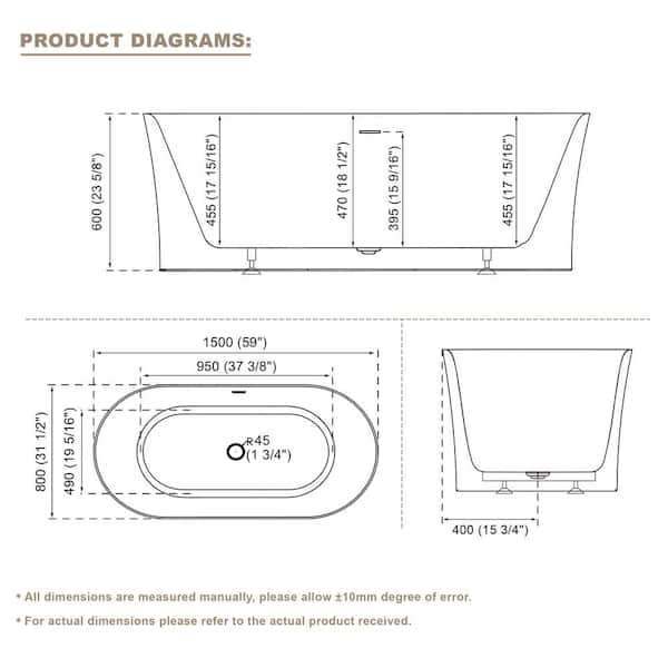59 in. Pure Virgin Acrylic Flatbottom Freestanding Soaking Bathtub in White with Drain and Overflow Included