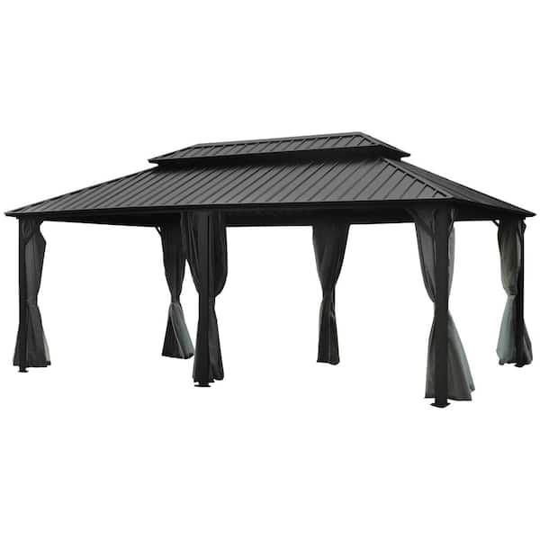 VEIKOUS 20 ft. x 12 ft. Aluminum Double Hardtop Gazebo with Grey Curtains and Netting