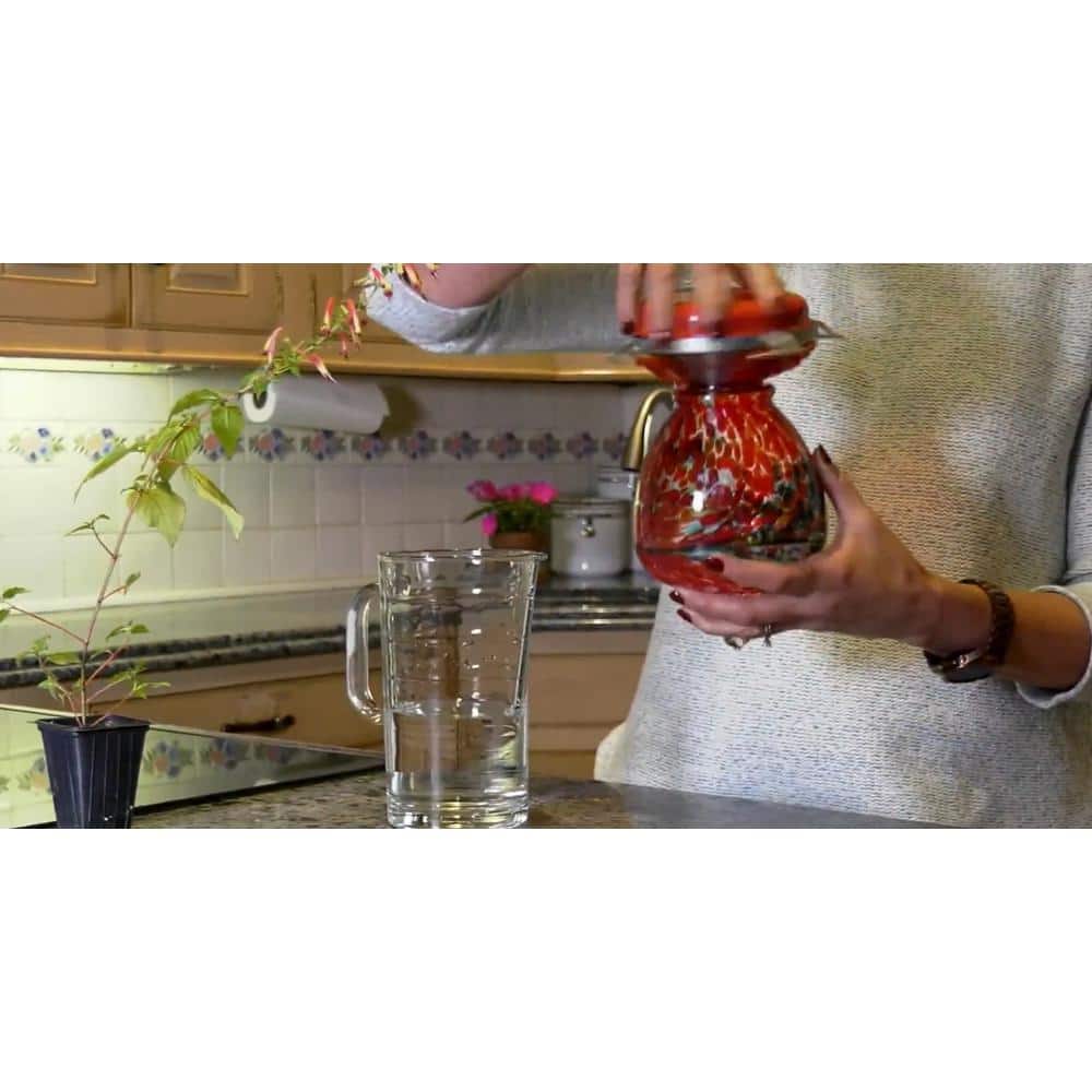 Hand-Blown Multicolor Glass Hummingbird Feeders with Red Plastic Base