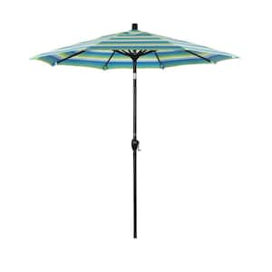 7.5 ft. Black Aluminum Pole Market Aluminum Ribs Push Tilt Crank Lift Patio Umbrella in Seville Seaside Sunbrella