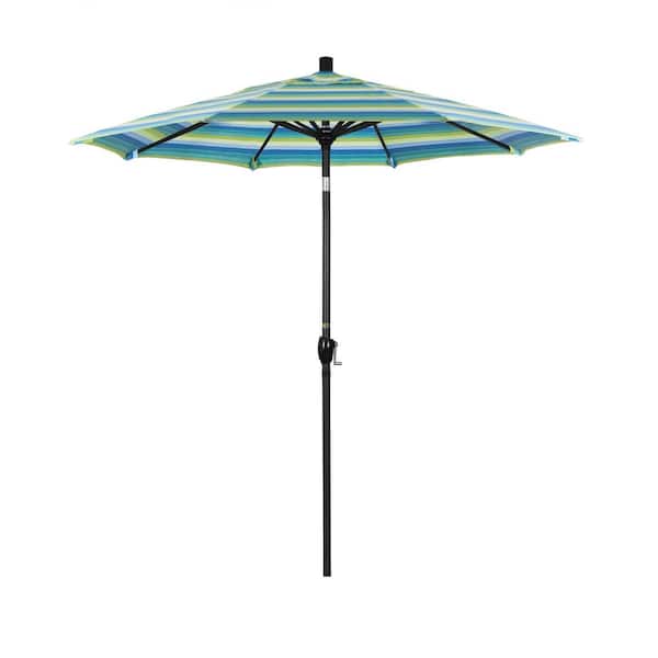 California Umbrella 7.5 ft. Black Aluminum Pole Market Aluminum Ribs Push Tilt Crank Lift Patio Umbrella in Seville Seaside Sunbrella