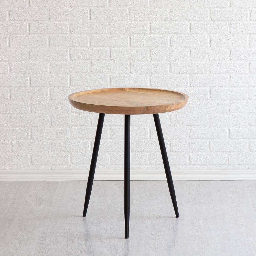 Small Round Black and Natural Wood Metal Side Table
