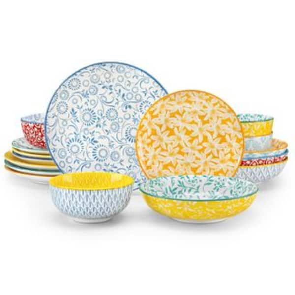 16-Piece Multi-colored Porcelain Dinnerware Set (Service for 4) Tableware Dining Set Floral Pattern Bowls and Plates Set
