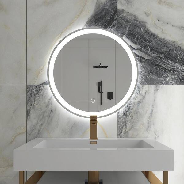 Unbranded 32 in. W x 32 in. H Small Round Framed Wall-Mounted Dimmable LED Bathroom Vanity Mirror in Silver