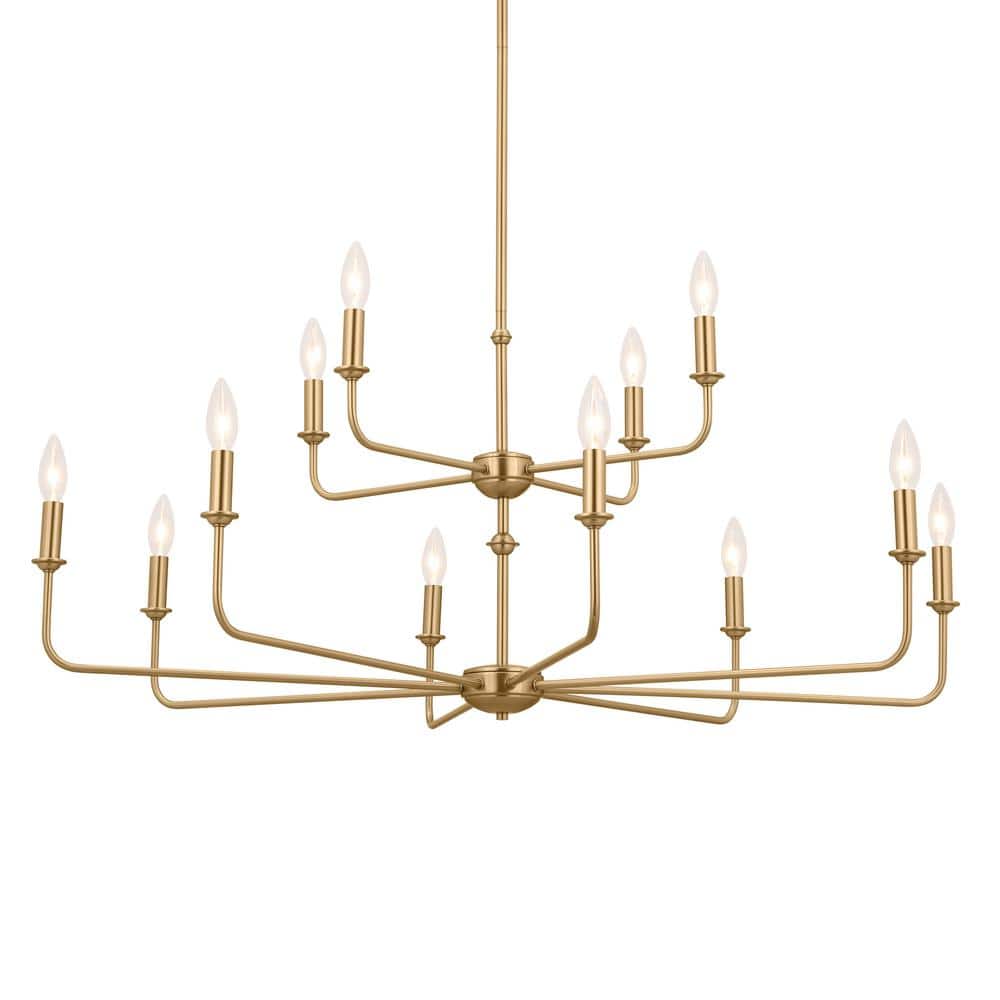 Brushed Natural Brass 12-Light Chandelier with Fabric Bell Shades