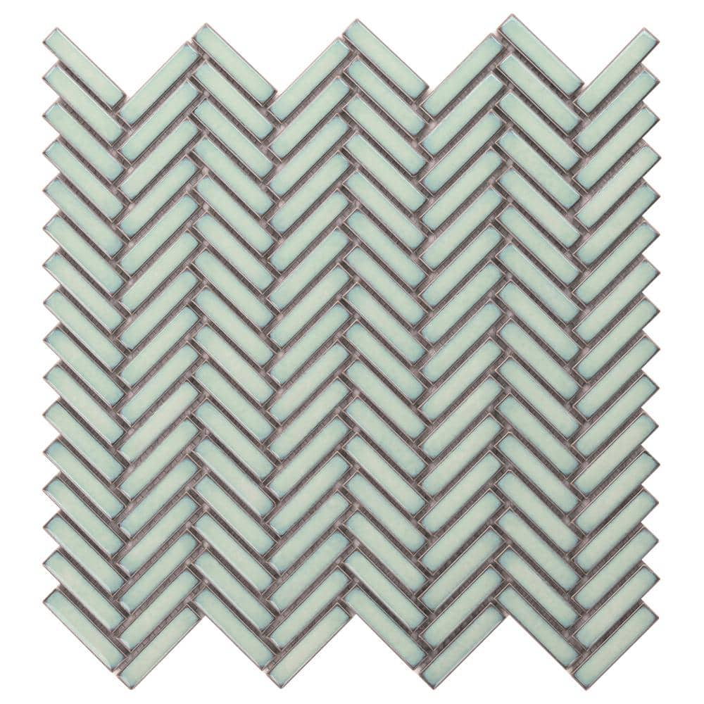 Mint Green Glossy Porcelain Herringbone Mosaic Tile 11.14 in. x 11.14 in.