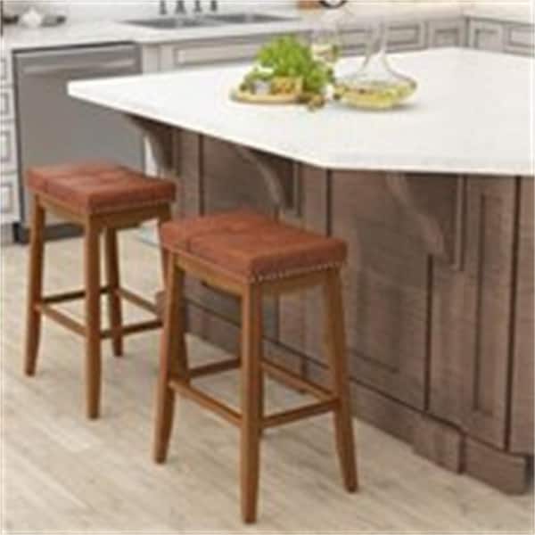 Costway Brown Rubber Wood 29 in. Bar Height Stools with PU Leather Seat Solid Frame (Set of 2)