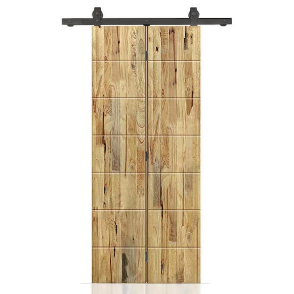 CALHOME 26 in. x 80 in. Weather Oak Stained Hollow Core Pine Wood Bi-Fold Door with Sliding Hardware Kit