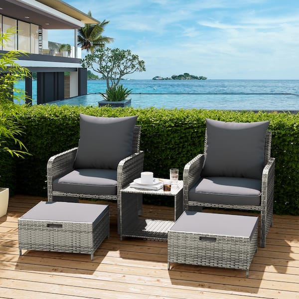 Poteban 3 of Piece Gray Wicker/Rattan Patio Conversation Sets with Gray Cushion