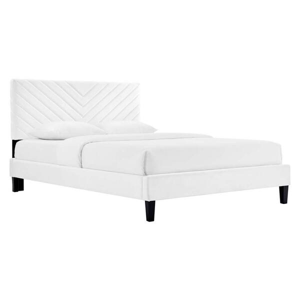 MODWAY Roxanne Performance White Wood Frame Velvet Queen Platform Bed