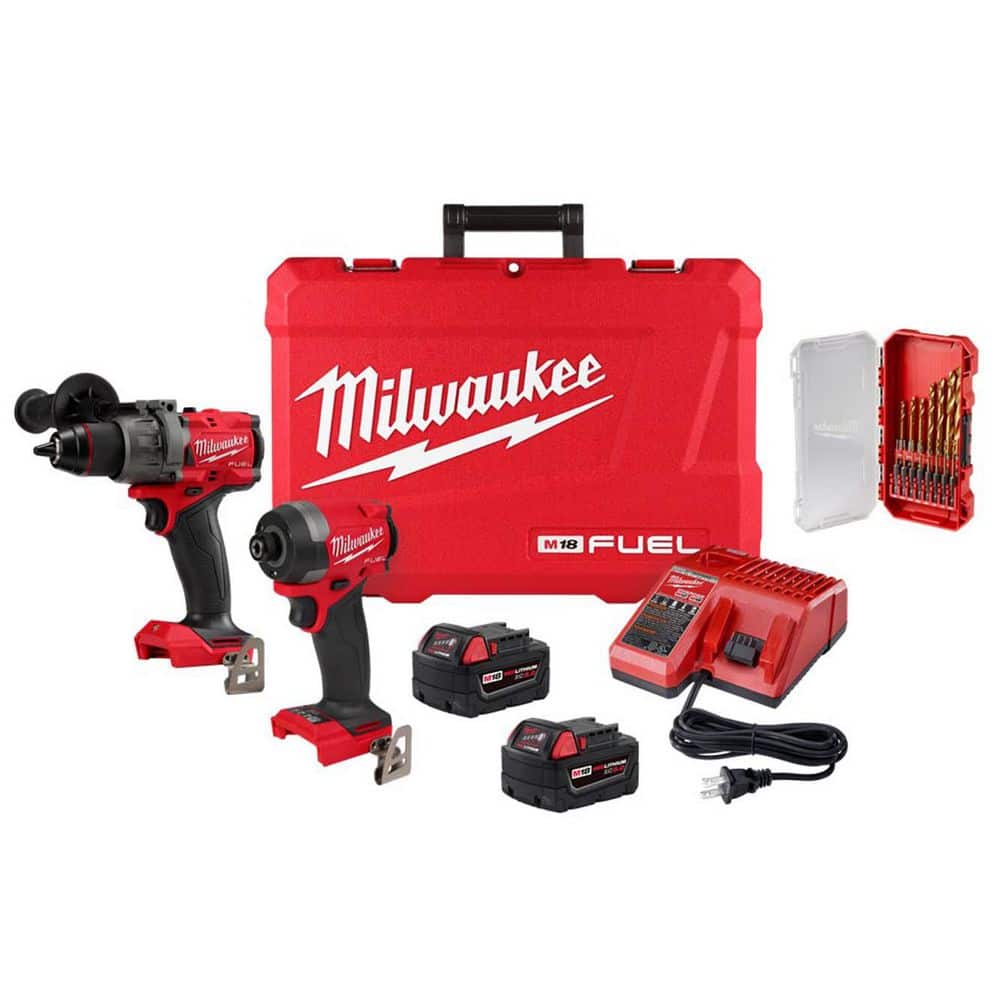 Milwaukee M18 FUEL 18V Brushless Cordless Hammer Drill/Impact 2-Tool Combo Kit w/ 2 Batteries with 15-Pc Titanium Bit Set 3697-22-48-89-4670