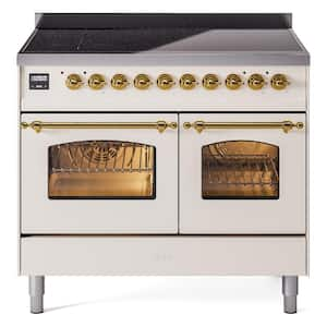 Nostalgie II 40 in. 6 Zone Freestanding Induction Range in Antique White with Brass Trim