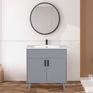 30 in. W x 18 in. D x 32.5 in. H Freestanding Single Sink Bath Vanity in Gray with White Ceramic Top