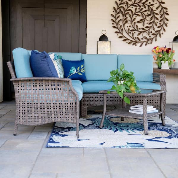 null Concord 4-Piece Wicker Outdoor Sectional Set with Spa Blue Cushions