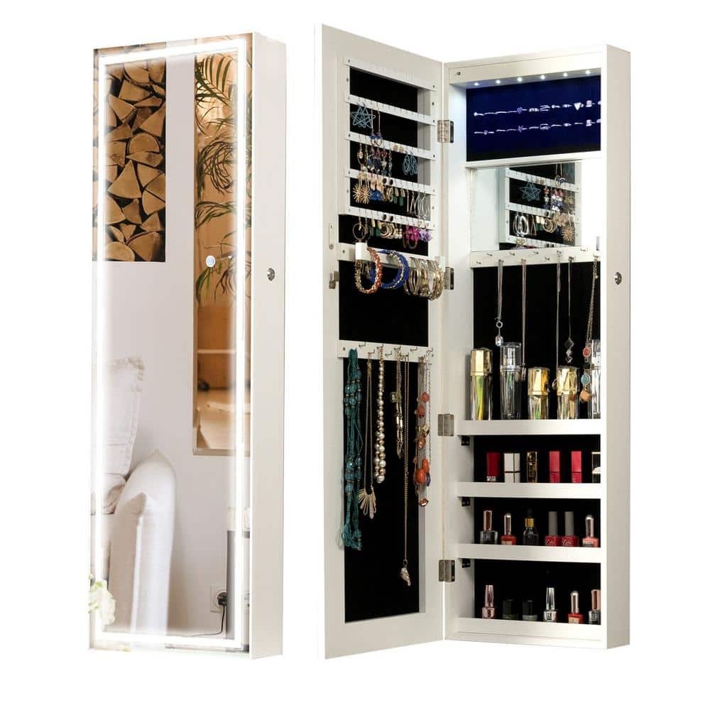 White MDF Fashion Simple Jewelry Storage Mirror Cabinet With LED Lights Can