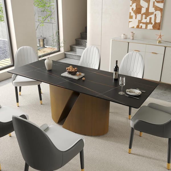 J&E Home Black Rectangle Marble Top 71 in. Pedestal Dining Table Seats 8