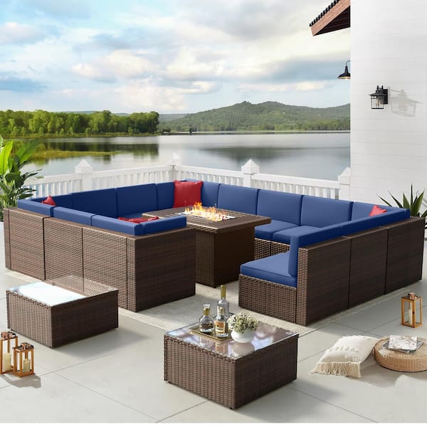 Sizzim 15-Piece Wicker Patio Conversation Set with Blue Cushions/Steel Fire Pit
