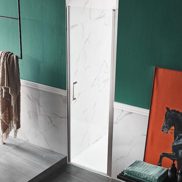 ANZZI - Lancer Series 23.4 in. x 72 in. H Hinged Frameless Shower Door in Brushed Nickel with Tsunami Guard Tempered Glass