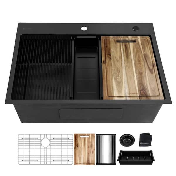 Glacier Bay 33 in. Drop-In Single Bowl 18-Gauge Black Stainless Steel Workstation Kitchen Sink