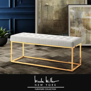 Koa White/Gold PU Leather Bench with Button Tufted Metal Frame