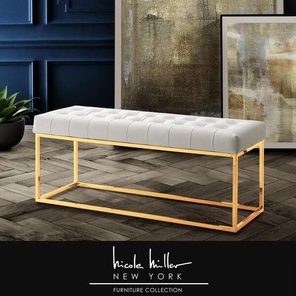 Nicole Miller Koa White/Gold PU Leather Bench with Button Tufted Metal Frame