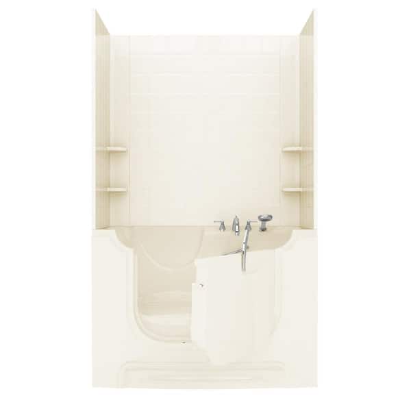 Unbranded NOVA Heated Wheelchair Accessible 5 ft. Walk-in Bathtub with 6 in. Tile Easy Up Adhesive Wall Surround in Biscuit