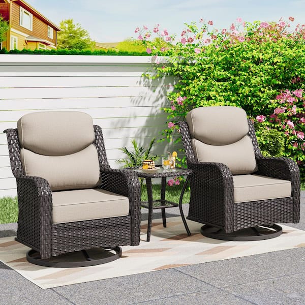 Smiley 3-Piece Brown Wicker Outdoor Rocking Chairs Swivel Chair Set with Thick Beige Cushions and Side Table