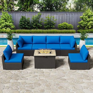 Rattan Wicker 7-Piece Outdoor Patio Propane Fire Pit Furniture Set with Blue Cushions