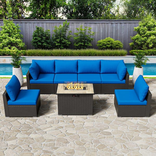 eVita Rattan Wicker 7-Piece Outdoor Patio Propane Fire Pit Furniture Set with Blue Cushions
