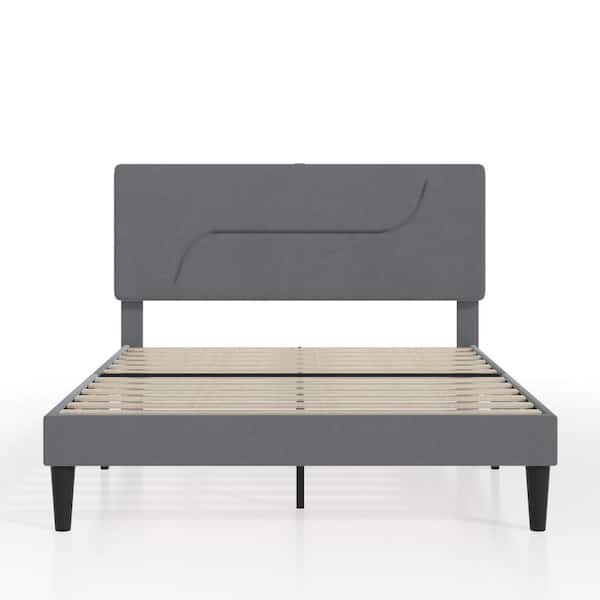 Upholstered Bed Frame Gray Metal Frame Queen Platform Bed with LED Lights, Velvet Headboard and Charging Station
