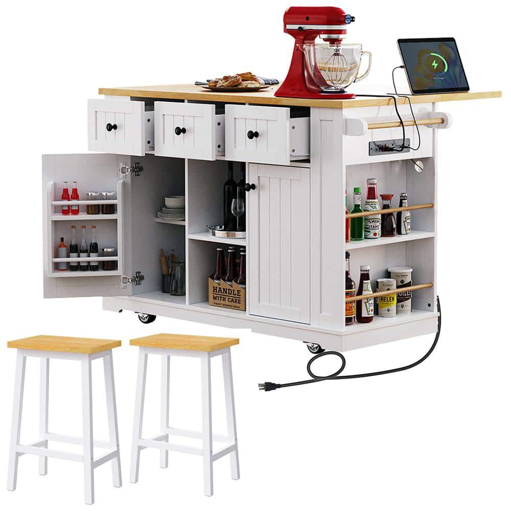 White Wood MDF 53 in. W Kitchen Island on 5 Wheels with 2 Bar Stools, Power