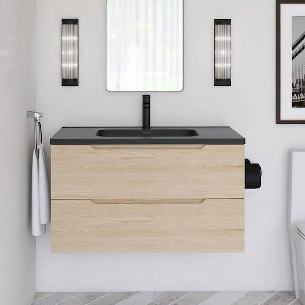 JimsMaison 35.43 in. W x 18.90 in. D x 20.39 in. H Wall-Mounted Bath Vanity in Evita Oak with Black Engineered Quartz Composite Top