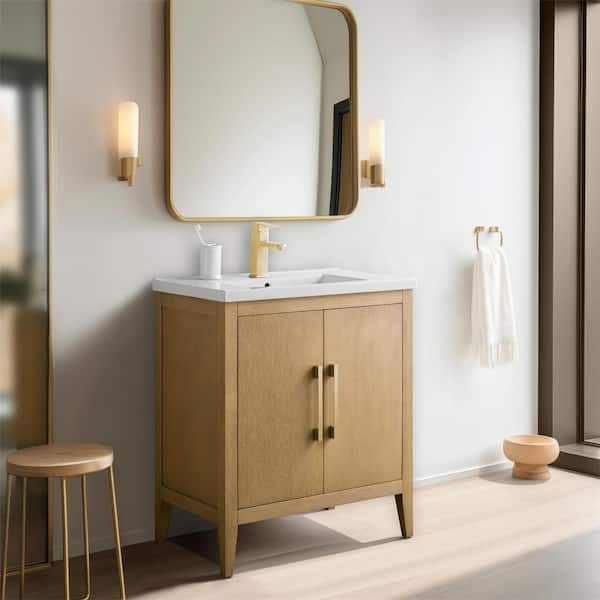 Vanity Art 30 in. W x 18.5 in D x 34 in. H Single-Sink Bathroom Vanity Cabinet in Natural Oak with Ceramic Top in White