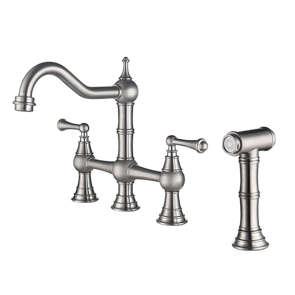 WELLFOR Double Handles Gooseneck Bridge Kitchen Faucet in Brushed ...