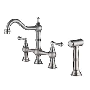 Double Handles Gooseneck Bridge Kitchen Faucet in Brushed Nickel with Pull Out Spray Wand, 27 in. Flexible Hose