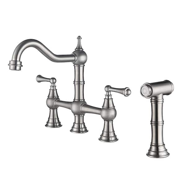 WELLFOR Double Handles Gooseneck Bridge Kitchen Faucet in Brushed Nickel with Pull Out Spray Wand, 27 in. Flexible Hose