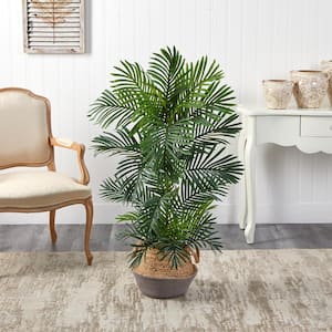 4 ft. Areca Artificial Palm Tree in Boho Chic Handmade Cotton and Jute Gray Woven Planter UV Resistant (Indoor/Outdoor)