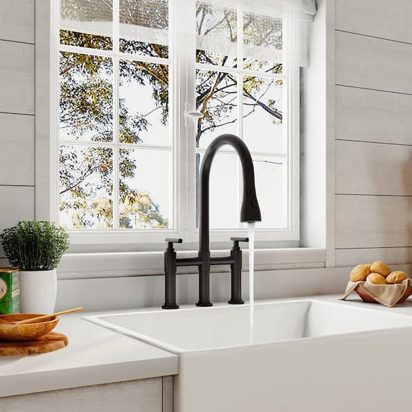 Double Handle 3 Hole Bridge Kitchen Faucet with Pull Down Sprayer 8 in. Widespread 360 Swivel Spout in Matte Black