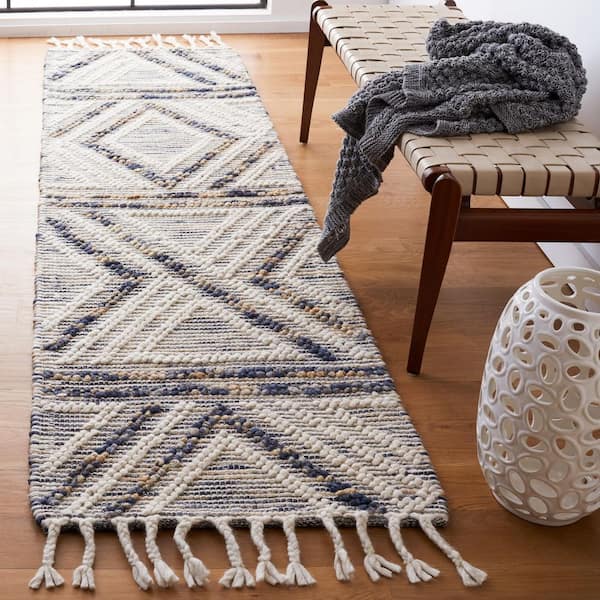 Natura 2 ft. x 9 ft. Ivory/Blue Diamond Striped Abstract Runner Rug
