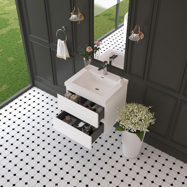 24 in. Single Sink Floating Glossy White Bath Vanity with White Resin White Top Assembled