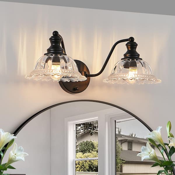 20 in. 2-Light Vintage Bathroom Wall Sconce, Elegant Black Metal and Glass Lampshade Vanity Light Fixture for Bathroom