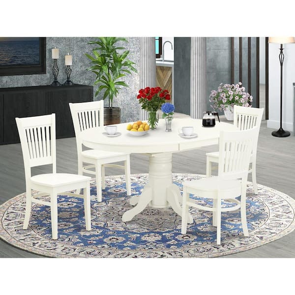 5-Piece Oval Linen White Finish Solid Wood Top Dining table with 4 Chairs with Butterfly Leaf Slat Back